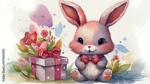 Cute Rabbit Character With Bow Tie Beside Colorful Gift Box and Flowers in a ...