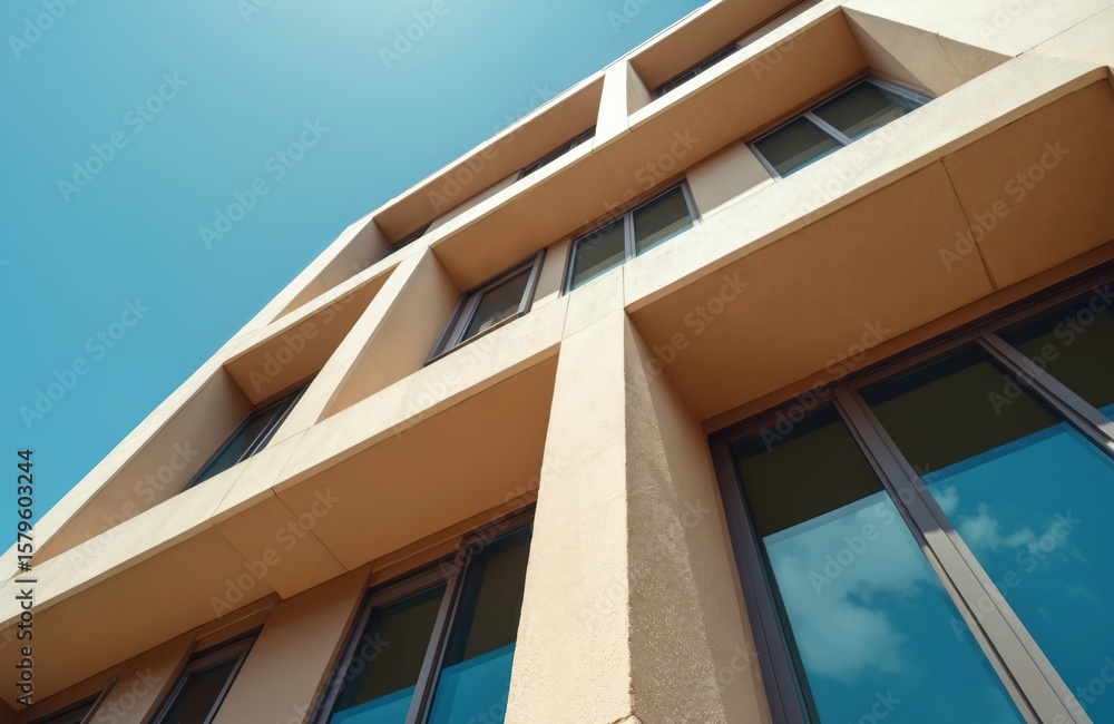 Fototapeta premium Beige, brown modern ventilated facade with geometric patterns, reflective windows. Architectural detail highlights new elite residential building shopping complex, urban real estate, contemporary