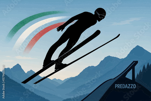 Realistic vector skier downhill on Olympia delle Tofane slope, Dolomites, Italian flag trail. / Vettoriale sciatore discesa Olympia delle Tofane, Dolomiti, scia tricolore, grafica dinamica.