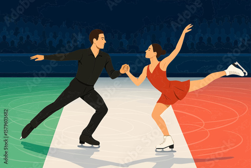 Vector figure-skating couple on Milan tricolor ice rink, Mediolanum Forum atmosphere, flat realistic illustration for Winter Games 2026