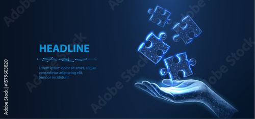 Three puzzles on blue. Digital solution, partners cooperate, matching solution concept.