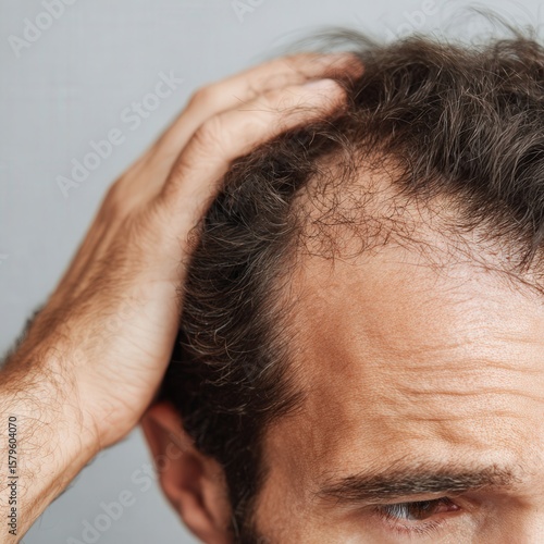 Early signs of hair loss and thinning in men. Worried man checking early hair loss and receding hairline
