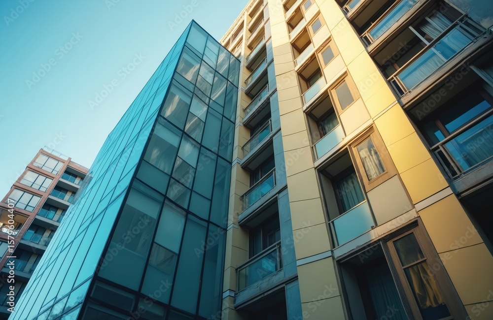 Modern building exterior features glassy facade next to light yellow structure with balconies. Shot from low angle, bright daylight illuminates architecture, clear sky. Residential design with metal Modern building exterior features glassy facade next to light yellow structure with balconies. Shot from low angle, bright daylight illuminates architecture, clear sky. Residential design with metal