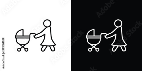 Woman with Baby Stroller icon vector symbols pack in black and white lines