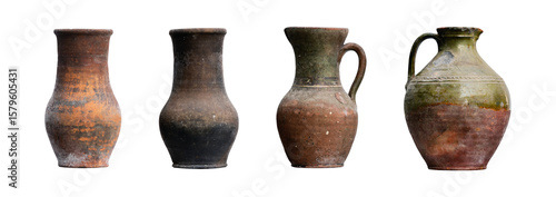 Tableau sur toile Set of ancient vintage ceramic jugs or crocks isolated on white background