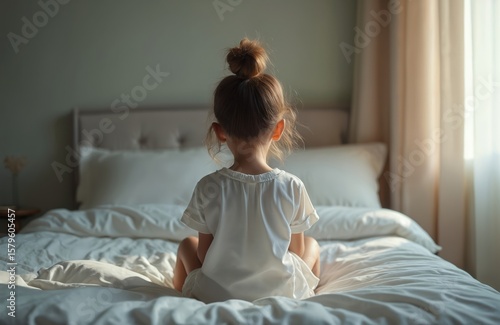 Wallpaper Mural Back view of little girl sitting alone on rumpled white bed. Sunlight streams from window, illuminating in quiet room. Posture suggests moment of quiet sadness, contemplation, isolation, possibly Torontodigital.ca