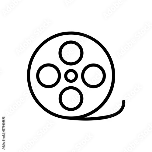 Film reel illustration with simplistic design, showing film reel components. Black film reel is isolated on white, creating movie element concept. Film reel imagery to express heat and warm.