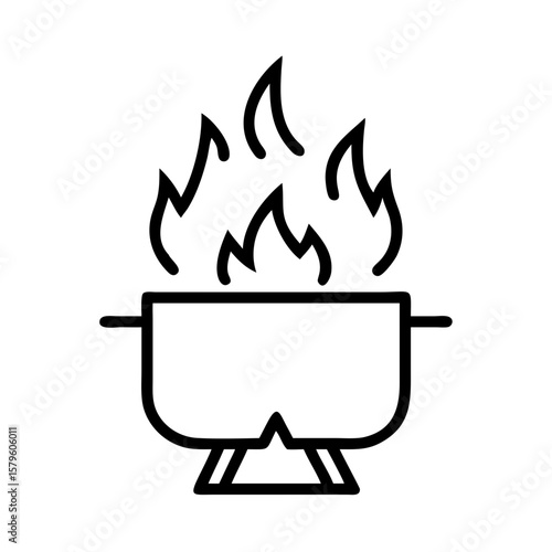 Fire icon with burning flames in a cauldron on stand, outlined in black, minimalist, and simple. Fire icon shows potent heat and power for many uses, including blacksmith or cooking applications.