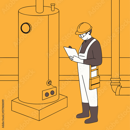 Boiler repairman inspecting heating system with clipboard in basement. Heating system maintenance includes checkup and repairs by qualified technician.