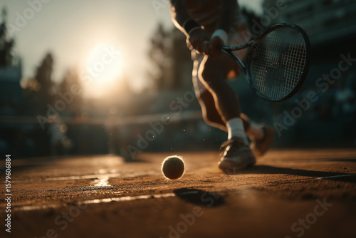 Experience the dynamic and thrilling action of tennis during a beautiful sunset on a clay court