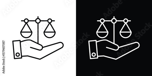 Justice scales in Hand icon vector symbols pack in black and white lines