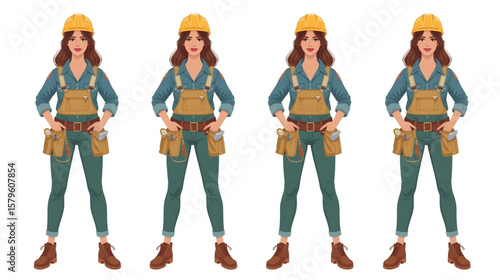 Beautiful female construction worker wearing various professional uniforms and safety equipment such as helmets, vests, and tool belts, standing confidently in different outfits. 