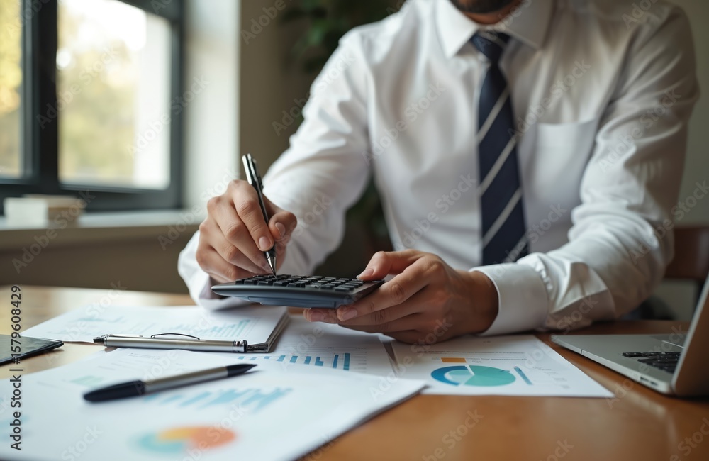 Fototapeta premium Businessman analyzes financial documents and uses calculator for business growth. Pro accountant calculates economic data with graphs and charts on desk with laptop. Tax and investment planning.