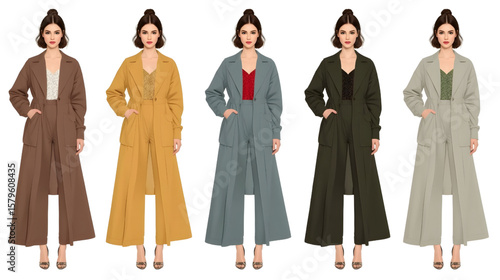 Fashionable woman posing in different colored stylish trench coats and matching outfits, showcasing elegant and modern wardrobe design on white background.