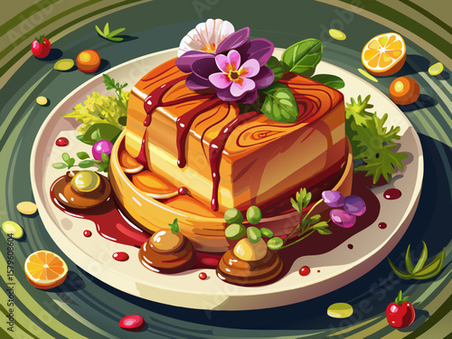 vector of Close-up of foie gras terrine with perfect plating. A subtle balsamic reduction sauce swirls artfully around the terrine. Edible flowers add vibrant colors to the decoration...