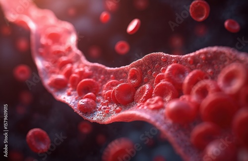 Microscopic view of red blood cells flowing through blood vessel. Vibrant red corpuscles carry oxygen, essential for life. Scientific visualization of human anatomy, circulation, cardiovascular