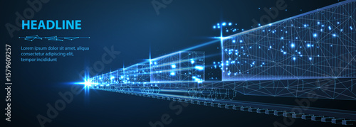 Freight train with containers on blue. Intermodal transport, freight logistics, global export