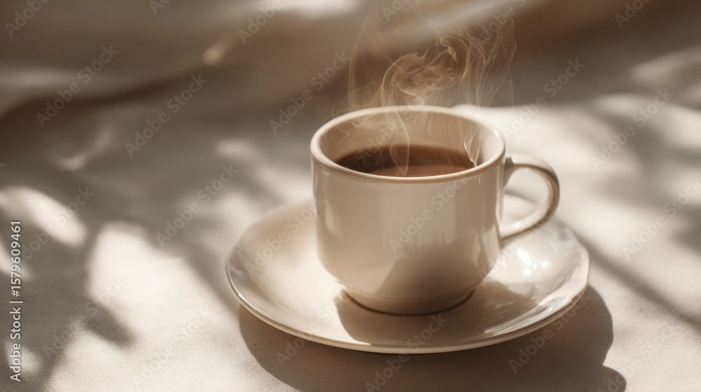 Fototapeta premium Steaming coffee in elegant white porcelain cup