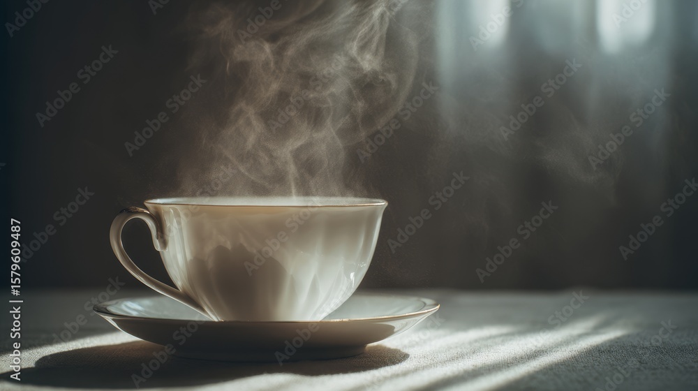 Fototapeta premium Steaming coffee in elegant white porcelain cup