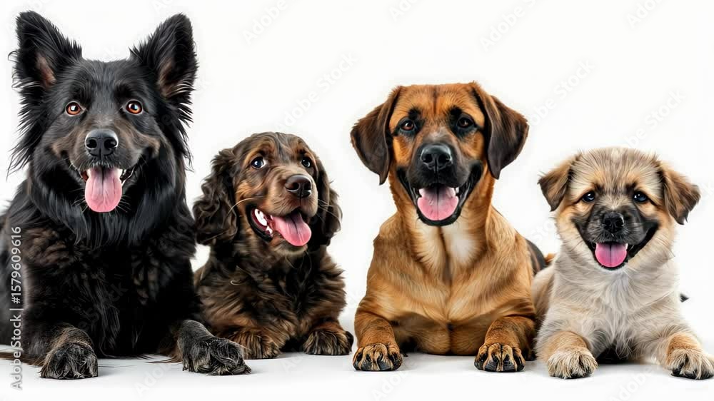 Furry Friends: A charming portrait of four dogs with varying breeds, showcasing their unique personalities and joyful expressions. Furry Friends: A charming portrait of four dogs with varying breeds, showcasing their unique personalities and joyful expressions.