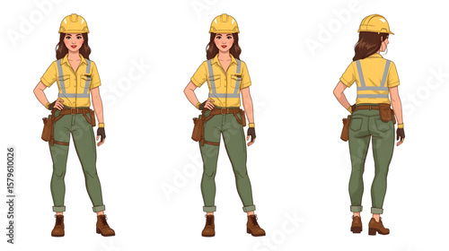 Beautiful female construction worker wearing various professional uniforms and safety equipment such as helmets, vests, and tool belts, standing confidently in different outfits. 