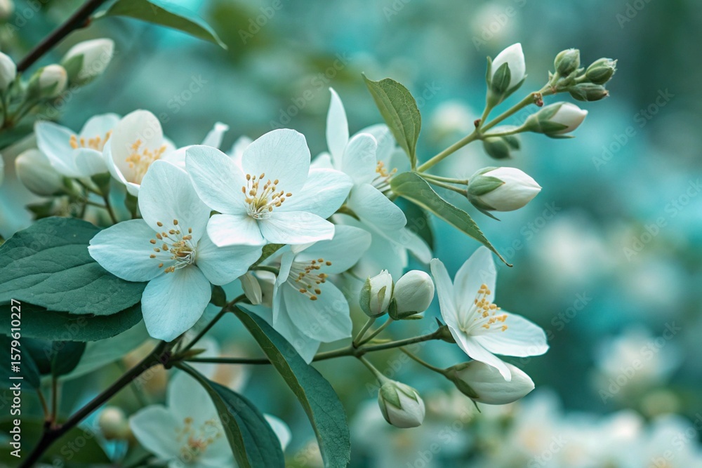 Obraz premium Jasmine white-turquoise flowers. Floral spring background. Close-up. 