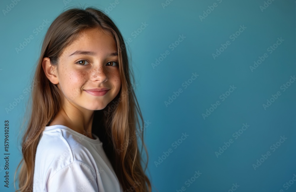 Young girl with dark brown hair, freckles, smiling. Wearing white t-shirt on blue background, creating contrast. Girl gaze is directed to right, engaging viewer. Young girl with dark brown hair, freckles, smiling. Wearing white t-shirt on blue background, creating contrast. Girl gaze is directed to right, engaging viewer.