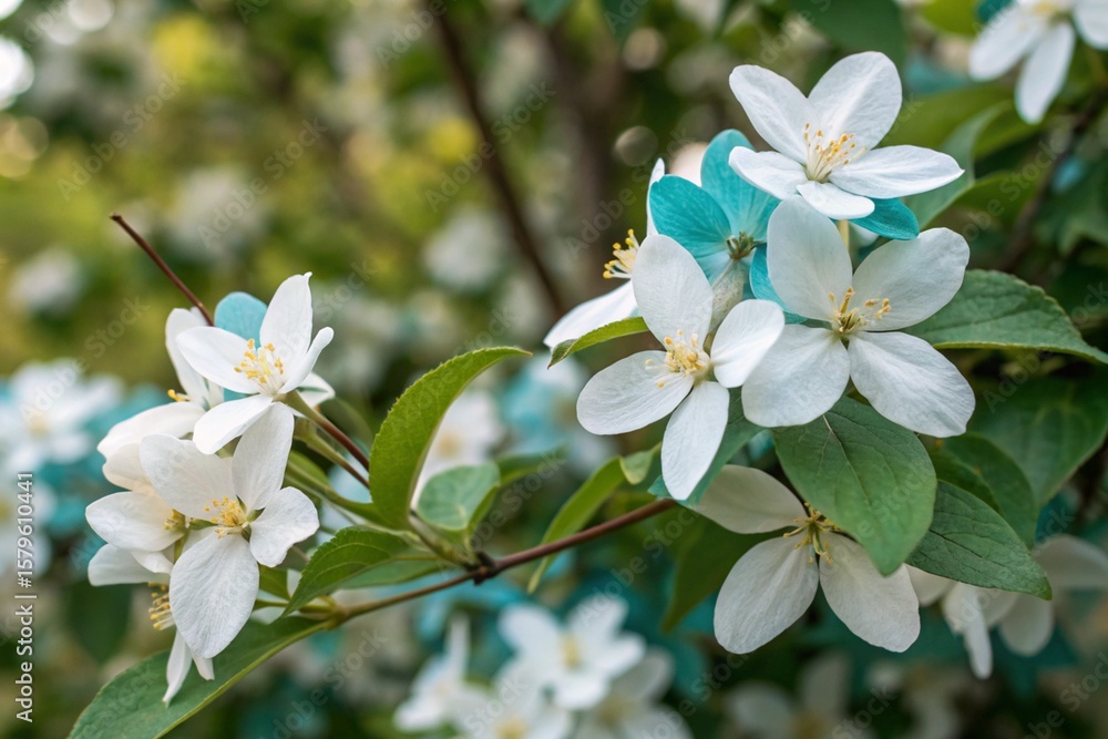 Fototapeta premium Jasmine white-turquoise flowers. Floral spring background. Close-up. 