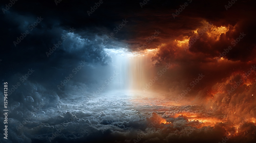 Naklejka premium Contrasting sky with dark blue and fiery red clouds, a beam of light shines.