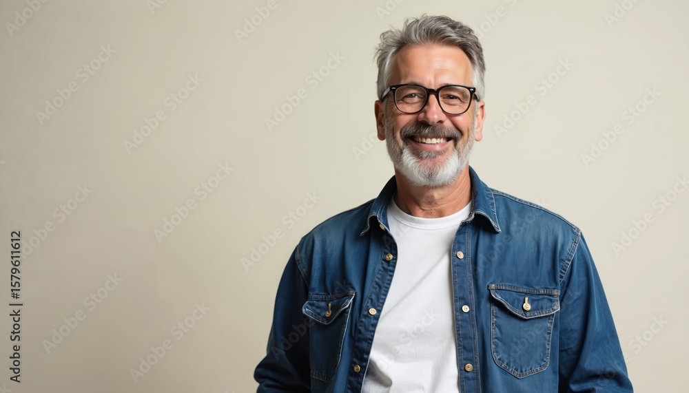 © Vadym - Friendly older man with gray hair and beard smiles warmly. He wears glasses and a denim shirt over a white t-shirt. The portrait is isolated on a light background with ample copy space for text. © Vadym - Friendly older man with gray hair and beard smiles warmly. He wears glasses and a denim shirt over a white t-shirt. The portrait is isolated on a light background with ample copy space for text.