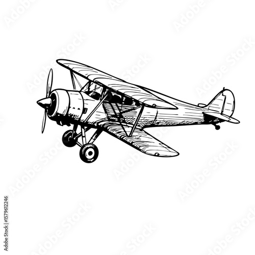 Vintage sketch of an airplane in flight with a detailed design  