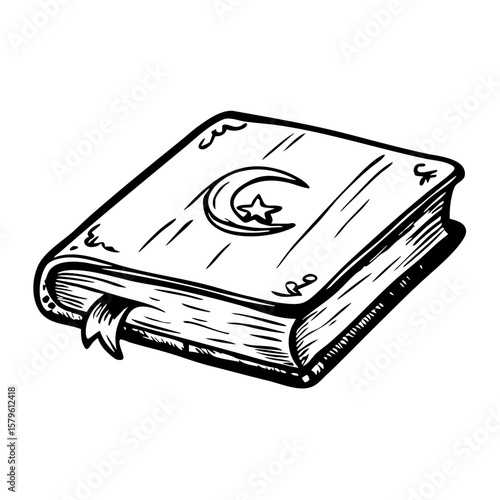 Vintage sketch of a book with a crescent moon design  