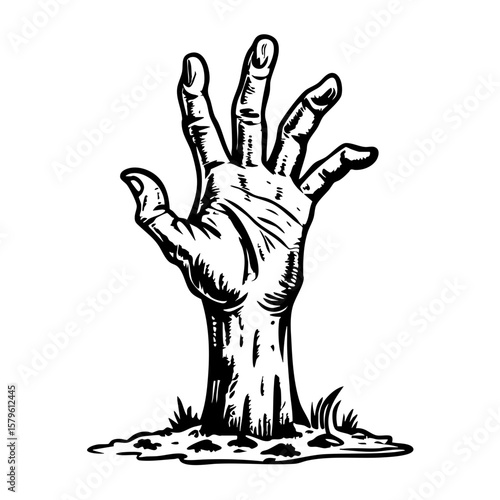 Zombie hand rising from the ground in a vintage sketch style  