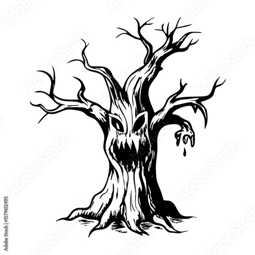 Haunted tree with ominous face and twisted branches in black illustration  