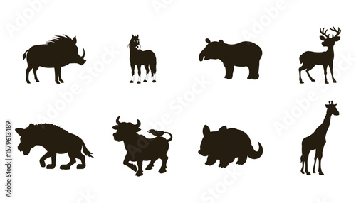 Collection of eight distinct animal silhouettes on a clean white background