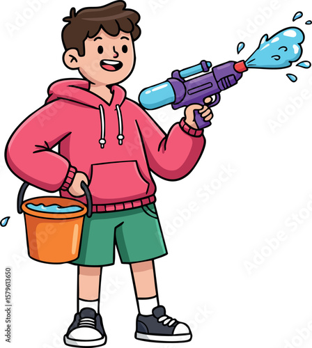 Boy playing with water gun and holding bucket filled with water in casual clothes summer fun outdoor activity vector