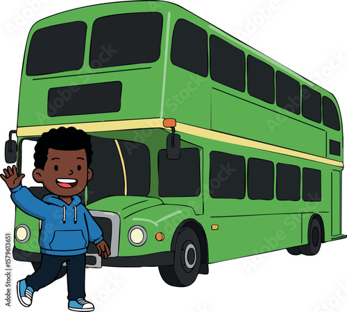Green double decker bus with happy boy waving in front on white background vector illustration