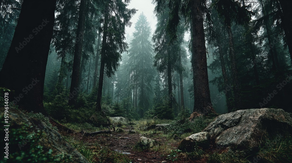Fototapeta premium Scenic dense forest landscape with tall towe trees lush greenery rocks and misty atmosphere in nature exploration scene