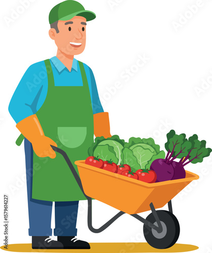 Man carrying wheelbarrow full of fresh vegetables gardening farm worker in green apron and cap