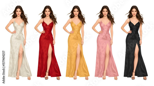 Elegant fashion illustration featuring five beautiful women in glamorous satin evening gowns with high slits and deep V-necks, perfect for luxury fashion design and digital artwork