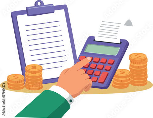 Financial calculation with calculator and clipboard showing money management and accounting process in vector design