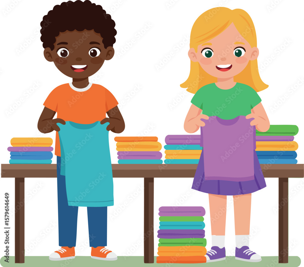 Two children folding clothes at table with colorful fabric stacks in cheerful home environment vector illustration Two children folding clothes at table with colorful fabric stacks in cheerful home environment vector illustration