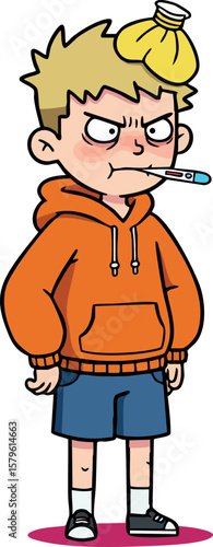 Sick boy with thermometer and ice pack on head wearing orange hoodie and blue shorts vector illustration