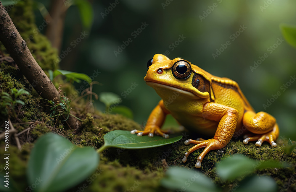Bright yellow frog, likely Ceratophrys cornuta Pacman frog, rests on mossy branch. Features large, dark eyes, textured skin, yellow spotted pattern. Amphibian vibrant colors in natural habitat. Bright yellow frog, likely Ceratophrys cornuta Pacman frog, rests on mossy branch. Features large, dark eyes, textured skin, yellow spotted pattern. Amphibian vibrant colors in natural habitat.