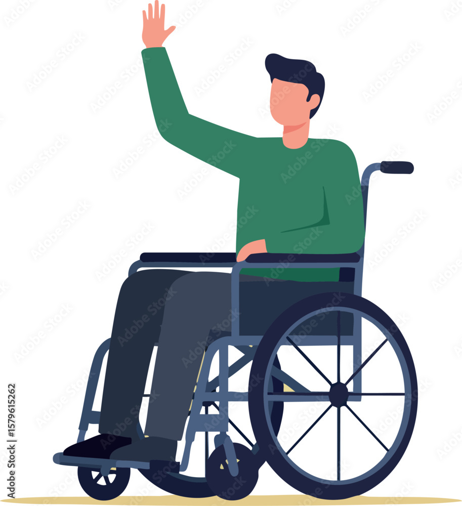 Man in wheelchair waving hand green shirt flat vector illustration of disabled person mobility aid health and support concept Man in wheelchair waving hand green shirt flat vector illustration of disabled person mobility aid health and support concept