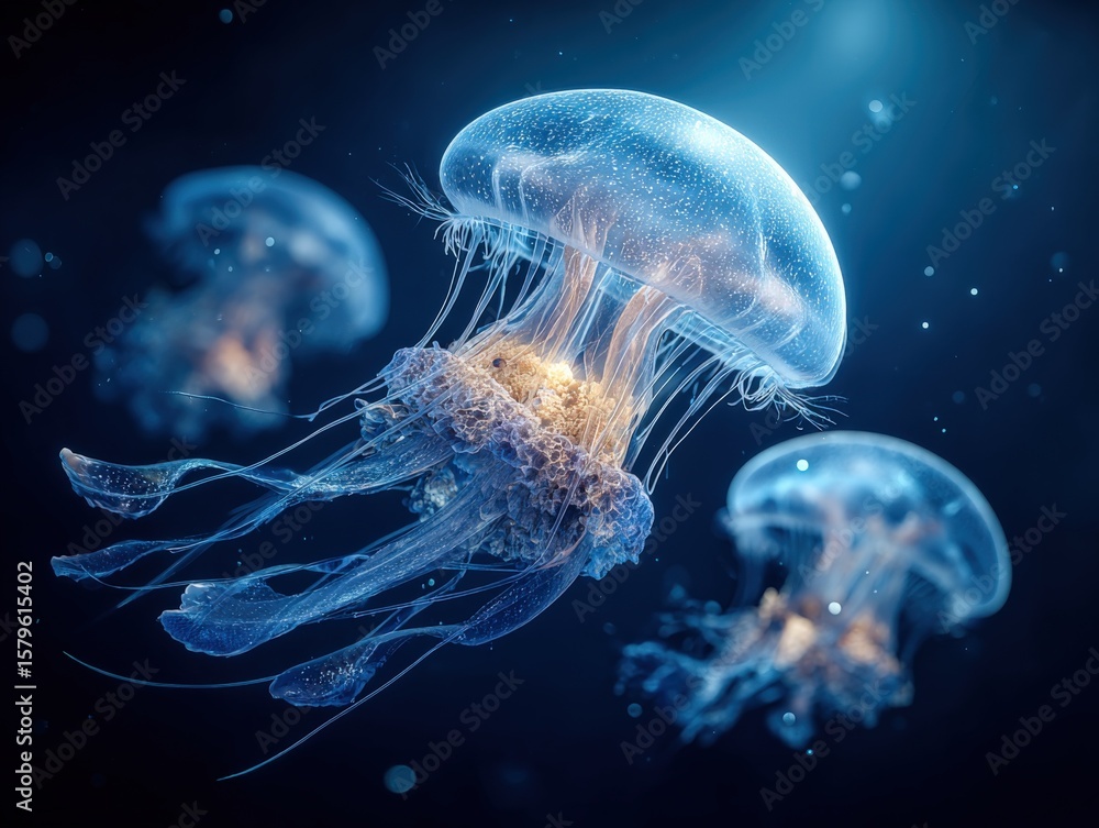 Fototapeta premium Stunning close-up of bioluminescent jellyfish floating gracefully in deep ocean waters with glowing translucent bell and trailing tentacles at night