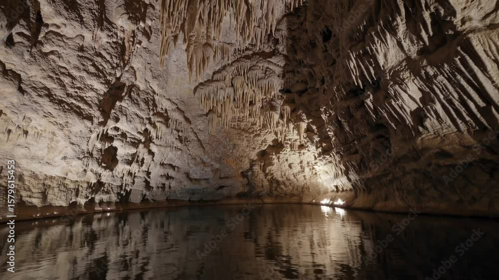 Exploring stunning underground cave formations with reflections in tranquil water Exploring stunning underground cave formations with reflections in tranquil water