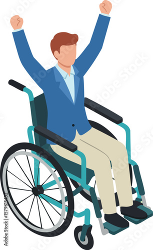 Man in wheelchair celebrating success with raised arms in business casual clothing vector illustration