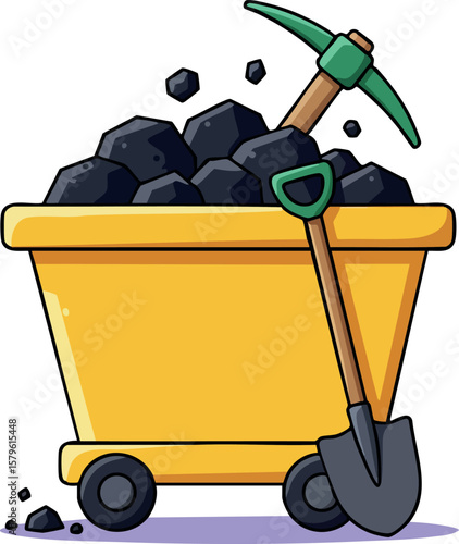Mining cart filled with coal and mining tools including shovel and pickaxe vector illustration