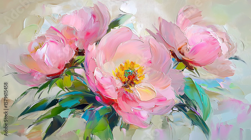 Wallpaper Mural Close-up oil painting of blooming pink peonies with lush green leaves, expressive brush strokes, soft pastel background, floral arrangement with vibrant flowers, romantic and elegant mood, classic bot Torontodigital.ca